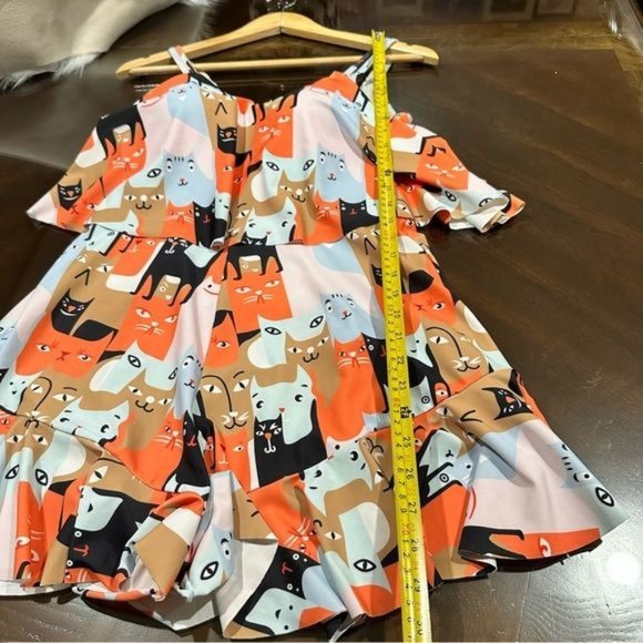 Cat Print Mod Romper Sleeveless Ruffle Padded Bra Pin Up Women’s Medium - Picture 6 of 14